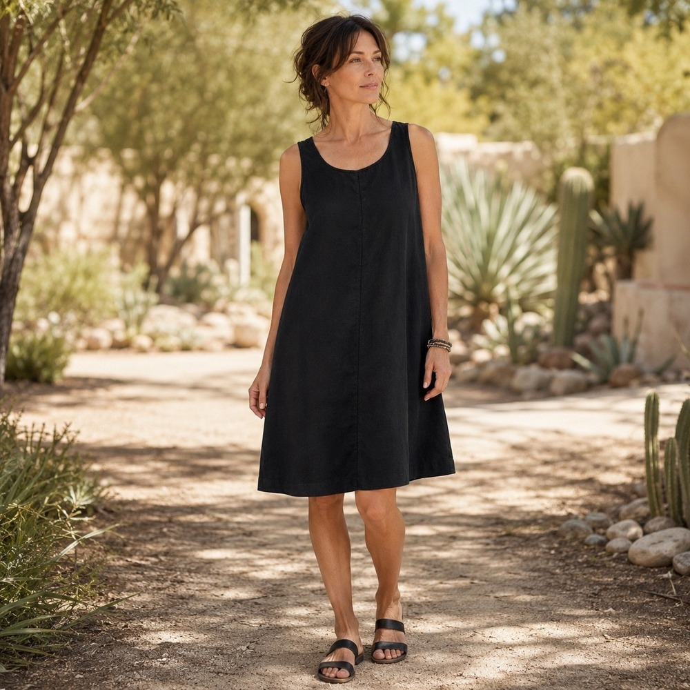 J. Jill Linen Sleeveless Scoop Neck A-Line Shift Dress Black Boho Lagenlook XS